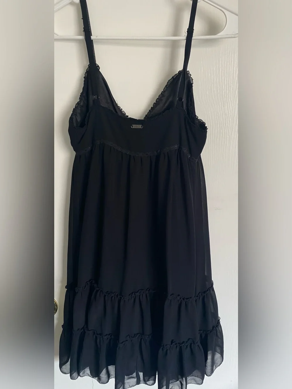 Vtg GUESS Black Chiffon Pintuck Lace Trim Ruffle Hem Babydoll Slip Dress